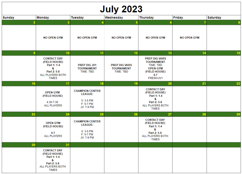 Summer Open Gym Schedule 2023 – Green Bay Preble Volleyball